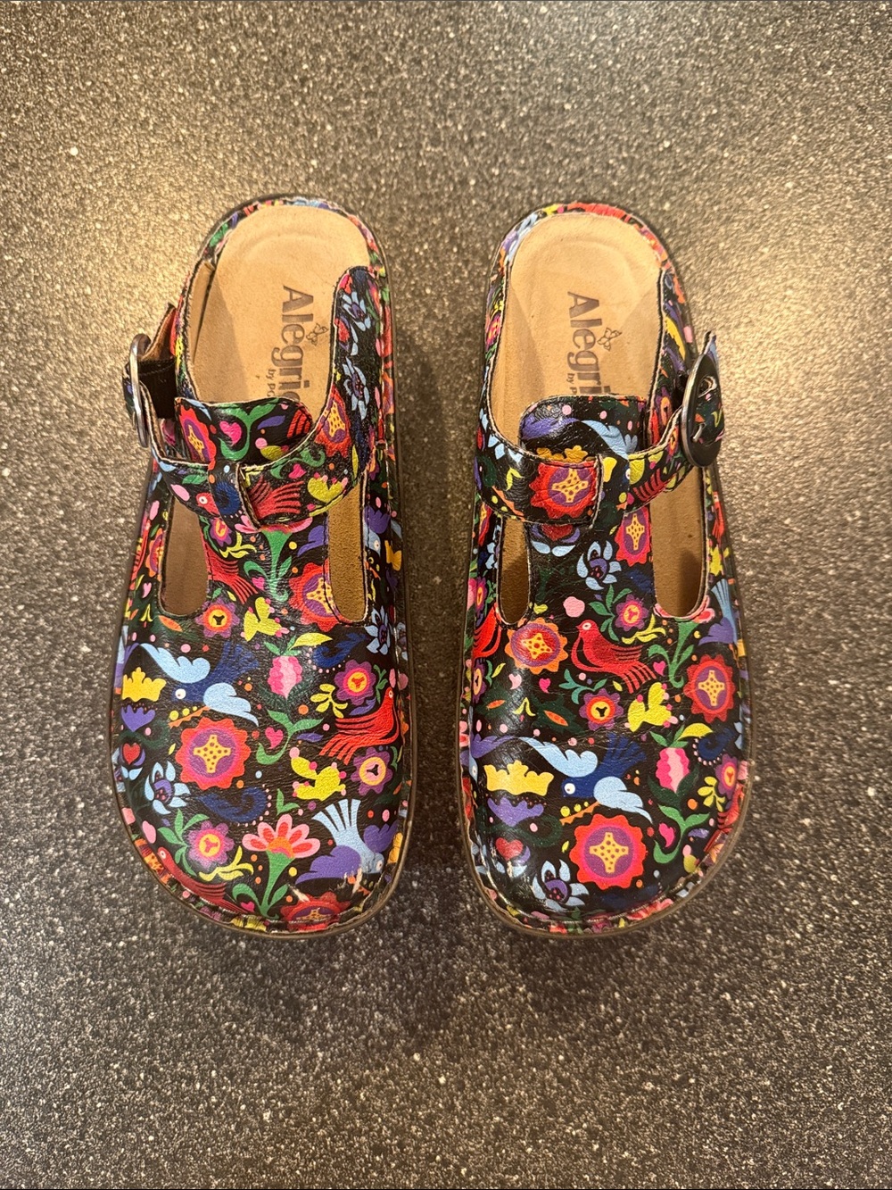 Women’s Alegria Black Floral Print Mary Jane Clogs - size 39 (8.5)
